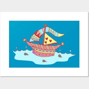 Cute Colorful Whimsical Ship Posters and Art